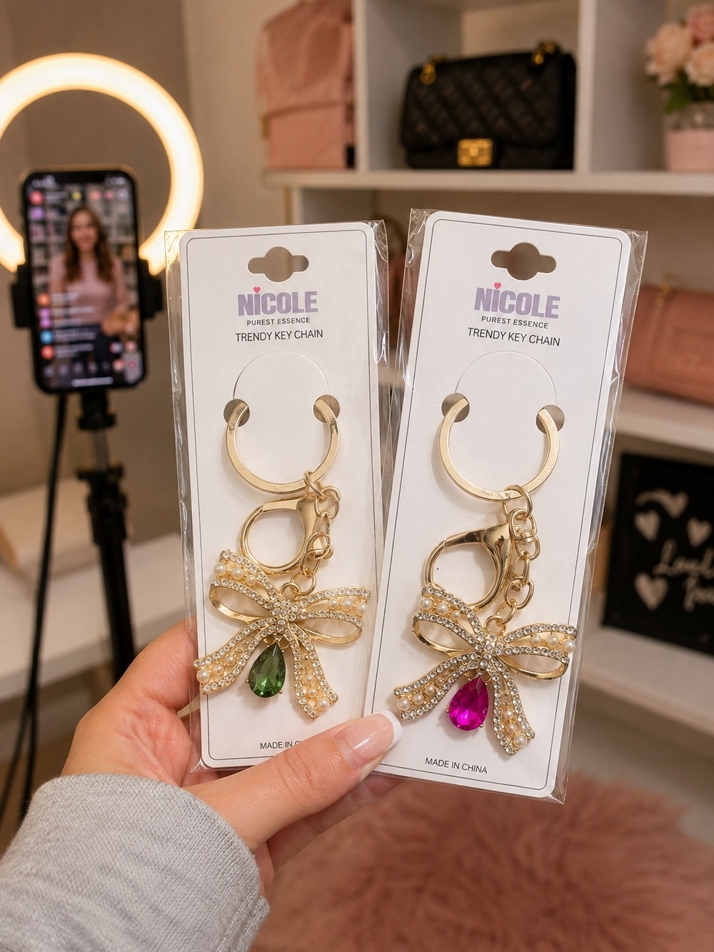 NICOLE Gold Bow Key Chain with Pink and Green Teardrops